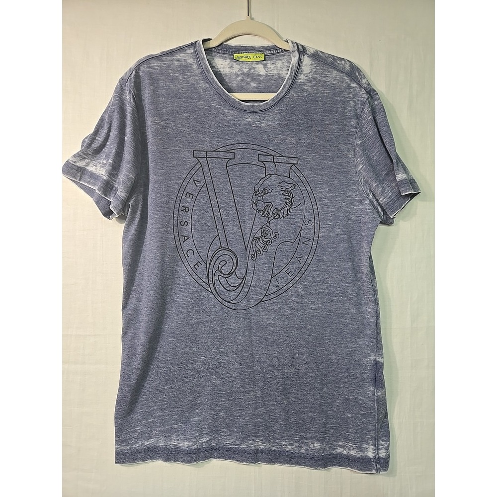 Versace Jeans Burn Out Graphic T Shirt Men Size M Blue Huge Logo Hit Poly Cotton